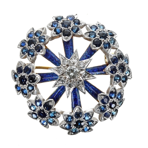 406 - Attractive 18ct blue enamel sapphire and diamond circular floral design openwork brooch, the centre ... 