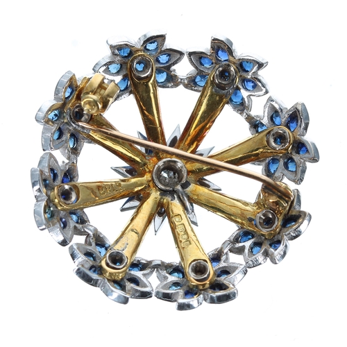 406 - Attractive 18ct blue enamel sapphire and diamond circular floral design openwork brooch, the centre ... 