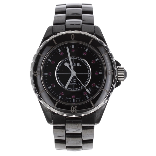 84 - Chanel J12 automatic black ceramic wristwatch, serial no. L.R. 55xxx,black dial with ruby hour marke... 