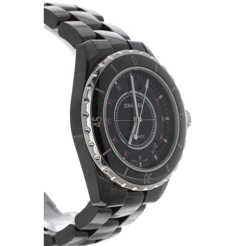 84 - Chanel J12 automatic black ceramic wristwatch, serial no. L.R. 55xxx,black dial with ruby hour marke... 