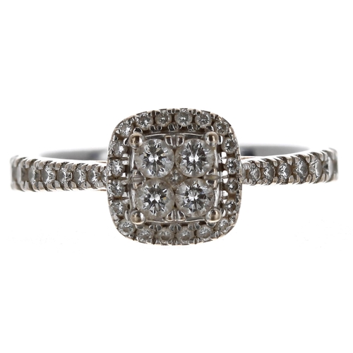 363 - Fancy 18ct white gold diamond cluster ring, with set shoulders, 0.50ct approx in total, width 8mm, 3... 