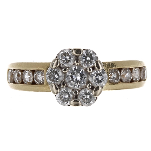 383 - 18ct yellow gold diamond cluster ring with set shoulders, 0.70ct approx, width 8mm, 5.5gm, ring size... 