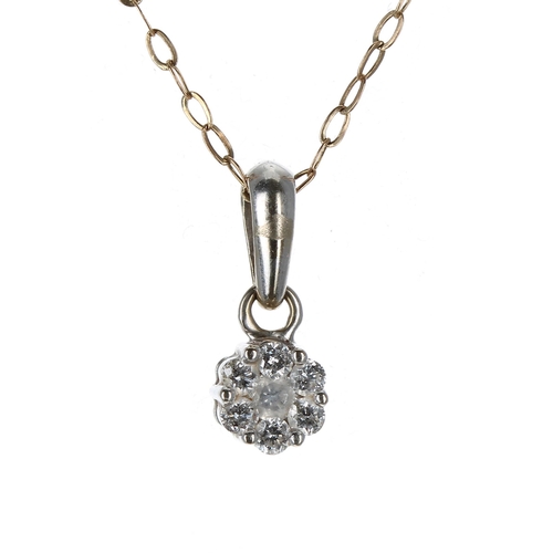 391 - 14ct white gold diamond pendant on a 9ct necklace, the pendant 15mm, 1.6gm