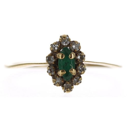 413 - Emerald and diamond marquise yellow gold cluster cluster ring, 2gm, width 10mm, ring size O/P... 