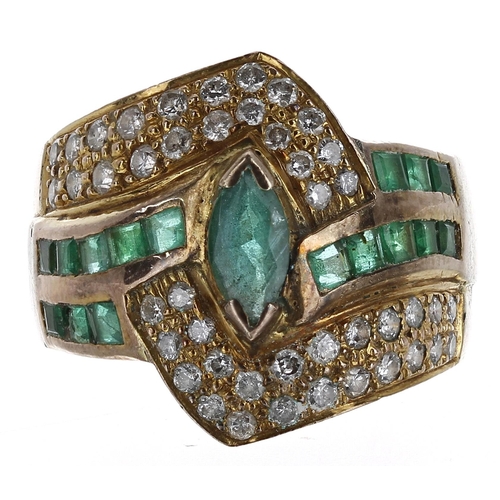 416 - Fancy emerald and diamond set dress ring, 13.3gm, width 20mm, ring size N/O