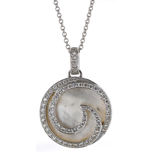 420 - Modern 18ct white gold diamond and mother of pearl swirl design circular pendant on necklace, 12.1gm... 