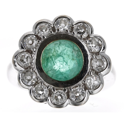 424 - Fancy large emerald and old brilliant-cut diamond white gold cluster ring, the emerald 1.60ct approx... 