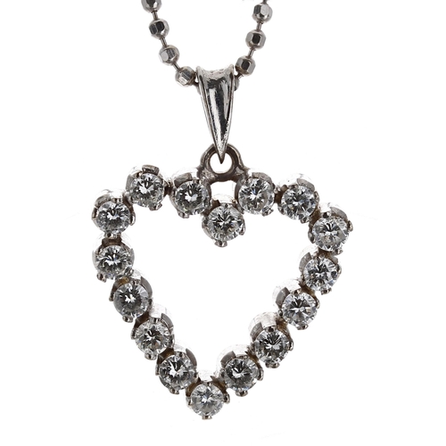 426 - 18ct white gold open heart shaped diamond pendant on a bead chain, diamonds 1.60ct approx, clarity S... 