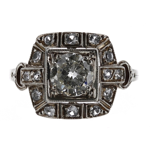 428 - Attractive Art Deco white metal diamond cluster ring, the centre diamond 0.70ct approx 0.70ct, clari... 