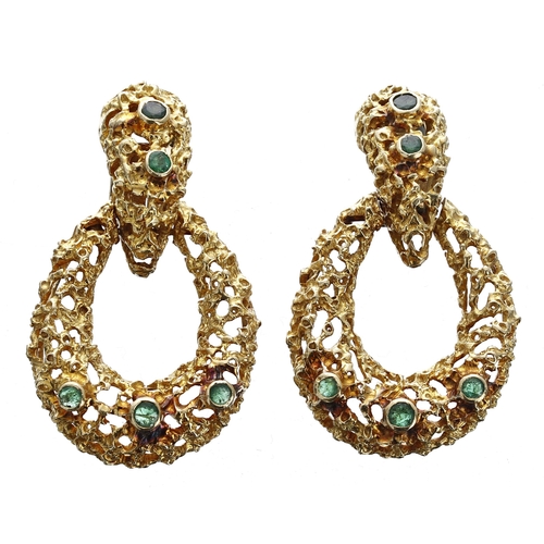 430 - Pair of 18ct yellow gold earrings with rub-over set emeralds, 29.9gm, drop 48mm (Ref. 7)... 