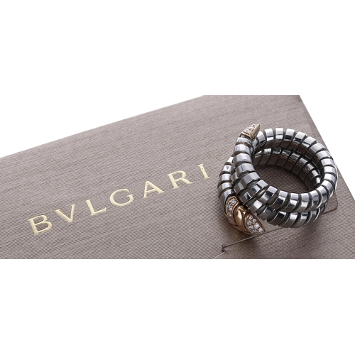 434 - Bvlgari Serpenti Turboga steel and gold diamond set ring, signed, 1234/348732, 10.7gm, width 17mm **... 