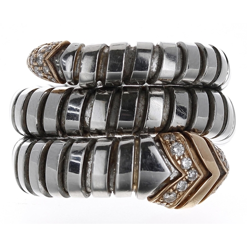 434 - Bvlgari Serpenti Turboga steel and gold diamond set ring, signed, 1234/348732, 10.7gm, width 17mm **... 