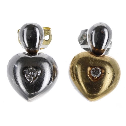 450 - Pair of 18ct bicolour heart shaped earrings set with diamonds, 8.2gm, 16mm (the backs butterfly back... 