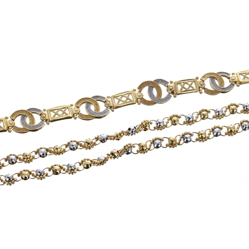 458 - High grade yellow and white gold fancy necklace, yellow and white metal design bracelet (at fault), ... 