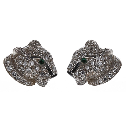 461 - Fine pair of Cartier Panthére 18ct white gold earrings, set with diamonds, emeralds and onyx, signed... 