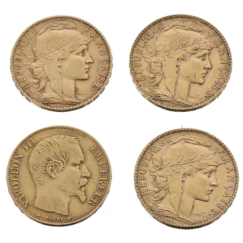 475 - Four yellow metal 20 Francs coins, 25.69gm (4) (Ref. 244)