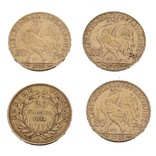 475 - Four yellow metal 20 Francs coins, 25.69gm (4) (Ref. 244)