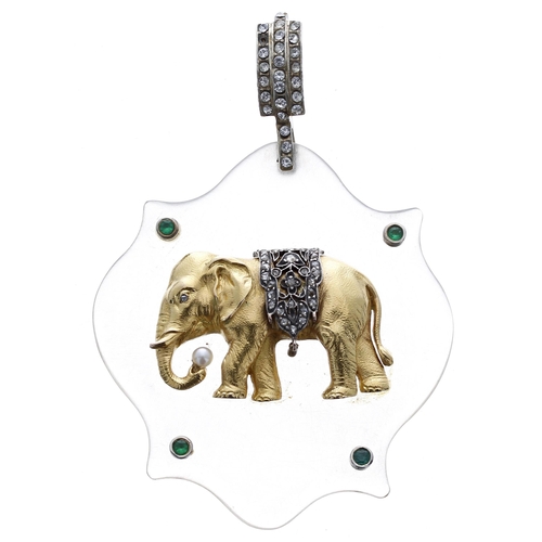 495 - Rose diamond and gem set gold elephant pendant by Depy Chandris (stone missing) (Ref. 316)... 