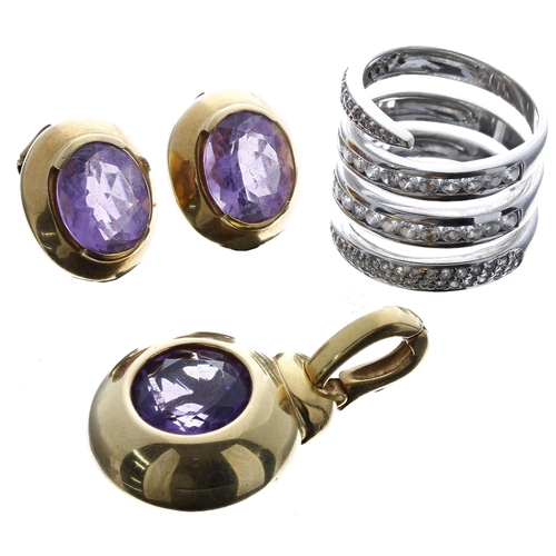 498 - Piti & Sii 18ct amethyst set pendant and matching earrings; with an 18ct diamond set dress ring,... 