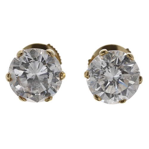 499 - Pair of 18ct yellow gold diamond stud earrings, each 1.65ct approx, clarity I1, colour G/H, 4.5gm, 8... 