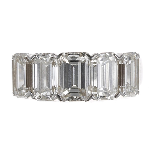 Very fine platinum five stone emerald-cut diamond ring, 5.98ct approx, clarity VS, colour H/I, 10.5gm, width 8mm, ring size O (Ref. 500)