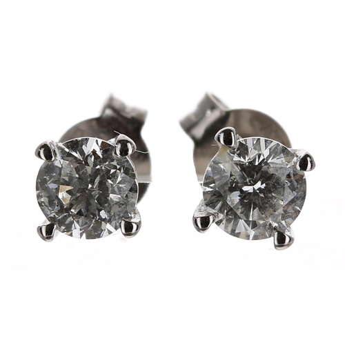 507 - Pair of 18ct white gold diamond solitaire ear studs, approx 1.00ct in total, clarity I2, colour G/H,... 