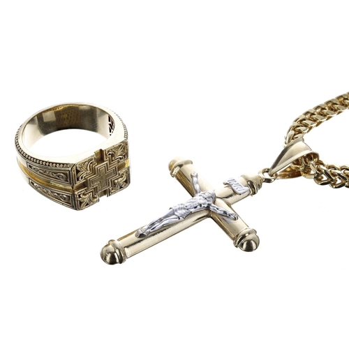 509 - Yellow metal box link chain and crucifix, yellow gold ring with cross and Fleur de Lys design stampe... 