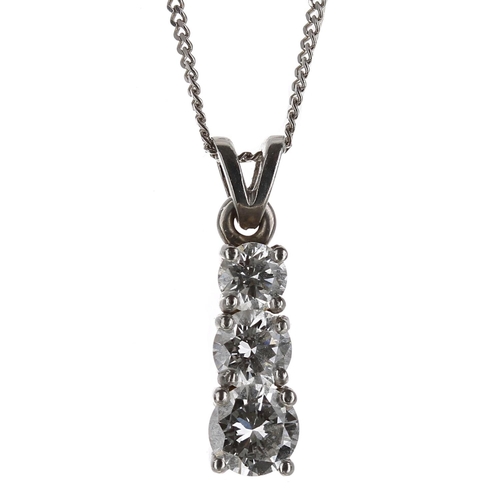 513 - Platinum three stone brilliant-cut diamond set pendant on necklace, 1.00ct approx in total, clarity ... 