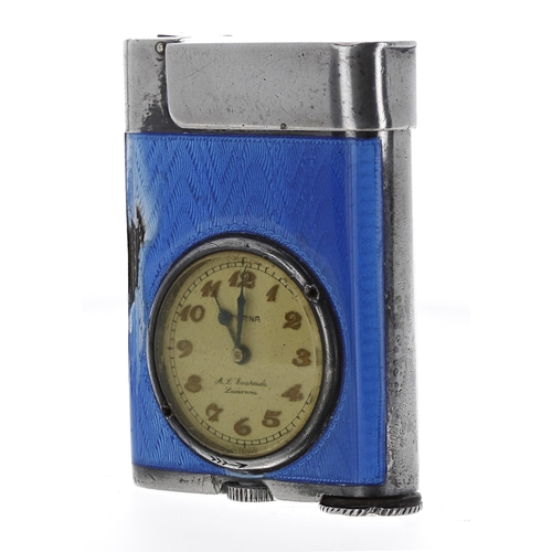 114 - Eterna silver and blue guilloche enamel watch lighter, Patent 124395, the dial with applied Arabic n... 