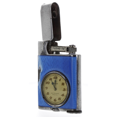 114 - Eterna silver and blue guilloche enamel watch lighter, Patent 124395, the dial with applied Arabic n... 