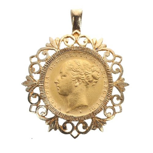 122 - Victorian 1887 full sovereign coin in a 9ct pendant mount, 12.4gm, 41.5mm x 32mm