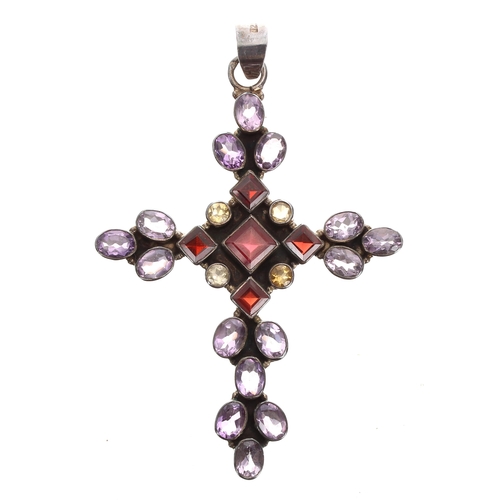 129 - Attractive French silver backed cross pendant, set with garnets, oval amethysts and four citrine, 17... 