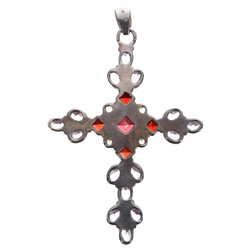 129 - Attractive French silver backed cross pendant, set with garnets, oval amethysts and four citrine, 17... 