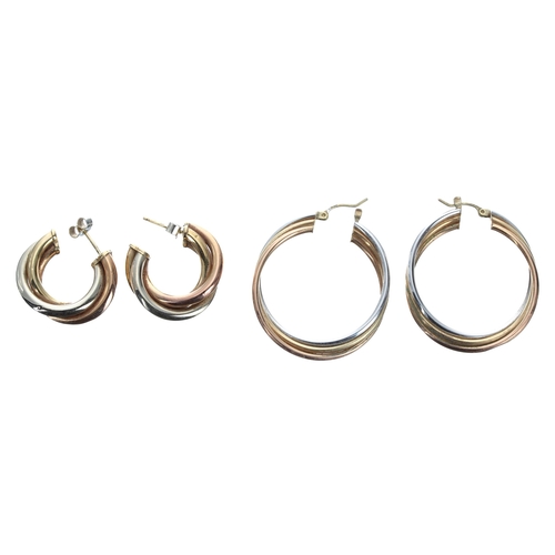 193 - Two pairs of 9ct tri-colour gold hoop earrings, 7.8gm, the larger pair 33mm dimeter