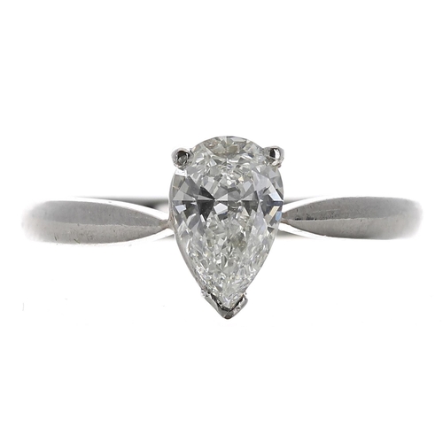 231 - Platinum pear shaped solitaire diamond ring, 0.86ct, clarity VS, colour J, width 9mm, 6.2gm, ring si... 