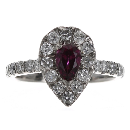 232 - Attractive platinum pear shaped garnet and diamond dress ring, the garnet 0.35ct approx, diamond set... 