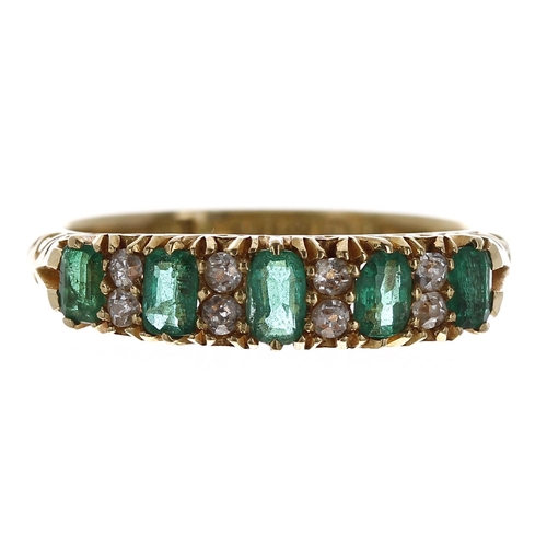 233 - Edwardian 18ct claw set emerald and diamond ring, Birmingham 1901, with five oval emeralds, 0.50ct a... 