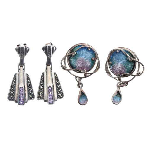 239 - Pair of Bellarri silver marcasite and amethyst set drop earrings in the Art Deco style, signed, 6.7g... 