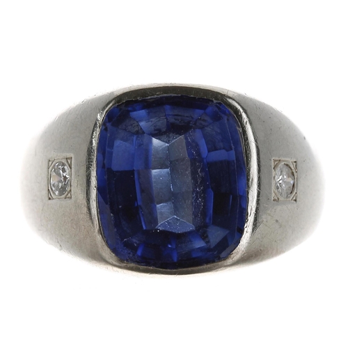 241 - 14ct white gold synthetic sapphire and diamond gentleman's ring, width 13mm, 12.3gm, ring size O... 