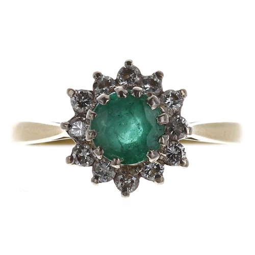 243 - 18ct yellow gold emerald and diamond circular cluster ring, the emerald 0.80ct approx, 11.5mm, 3.4gm... 