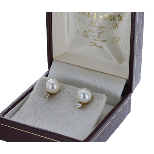 251 - Pair of 18ct yellow gold cultured pearl and diamond earrings, butterfly backs, the pearls 7mm, 3gm**... 