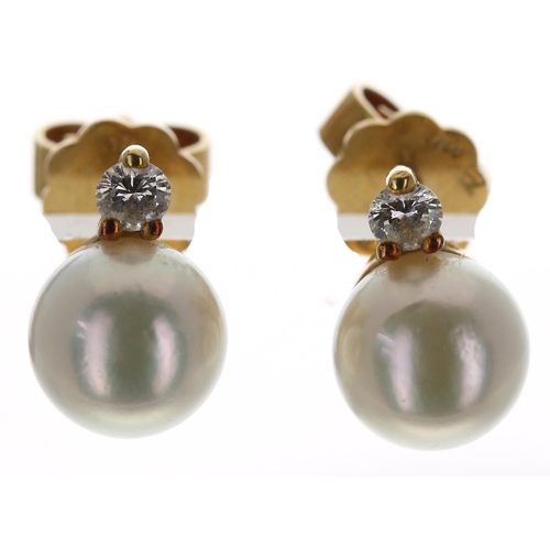 251 - Pair of 18ct yellow gold cultured pearl and diamond earrings, butterfly backs, the pearls 7mm, 3gm**... 