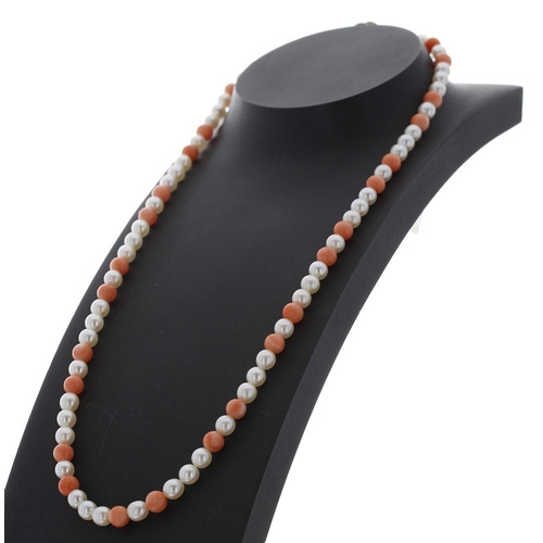 252 - Cultured pearl and coral single row necklace, with a 9ct clasp hallmarked London 1980, the beads 5mm... 