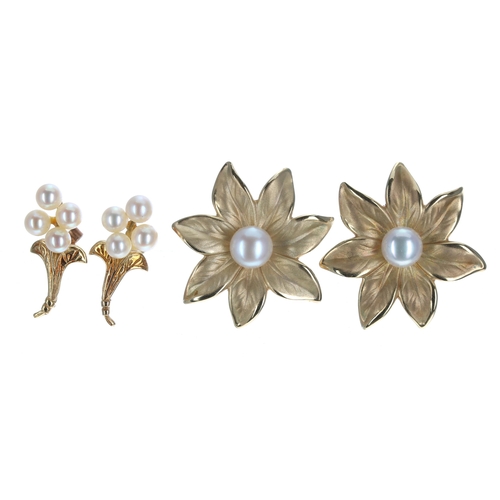 296 - Two pairs of 9ct cultured pearl set earrings, the flower earrings 28mm, each with post and butterfly... 