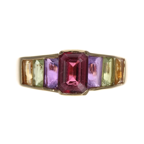 297 - 14ct yellow gold multi-coloured gem set ring, to include garnet, amethyst, peridot and citrine, 8mm,... 