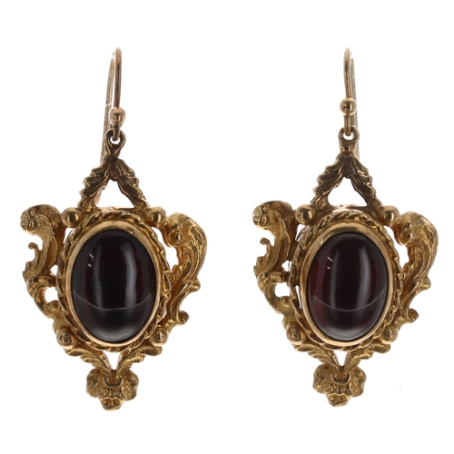 328 - Attractive pair of 9ct cabouchon garnet drop earrings, London 1972, hook backs, 14.5gm, drop 42mm... 