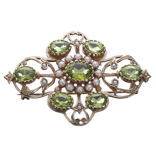 329 - Attractive gold peridot and pearl brooch, 10.2gm, 34mm x 50mm