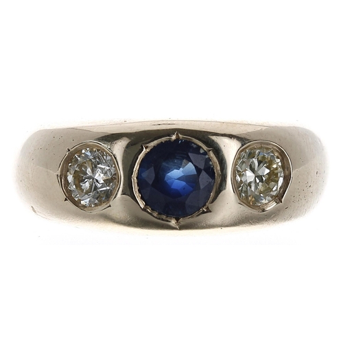 330 - Good 18ct yellow gold sapphire and diamond three stone gentleman's ring, the sapphire 1.20ct approx,... 