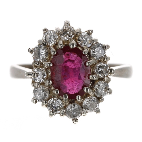 362 - Impressive 18ct white gold ruby and diamond oval cluster ring, the ruby 1.53ct, round brilliant-cut ... 