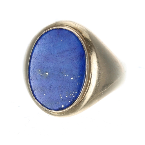 367 - Esemco 14ct lapis lazuli gentleman's signet ring, stamped mark, 11.1gm, width 22mm, ring size 11.1gm... 